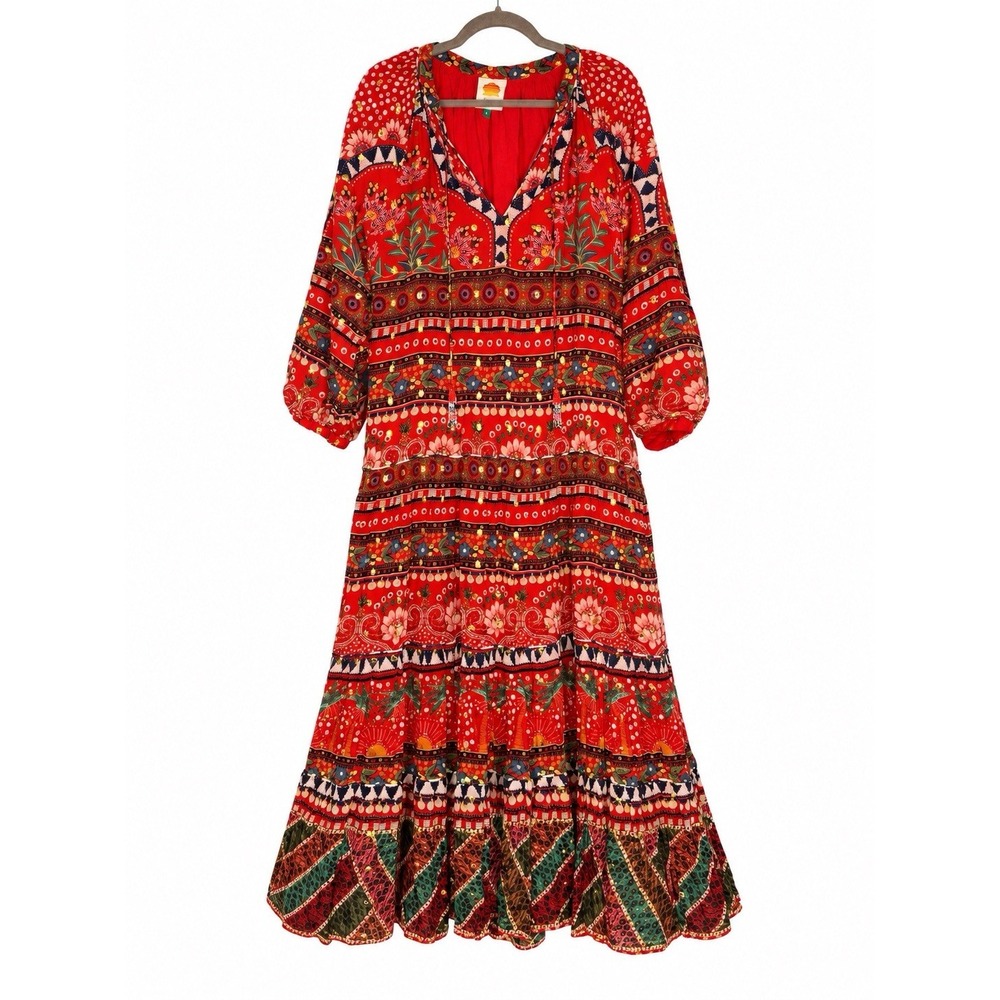 FARM Rio Red Tropical Shine Maxi Dress Women's Large Beaded Boho Chic $525